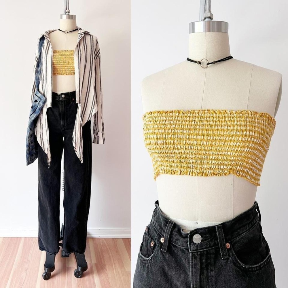 Brandy Melville Tube Top Yellow Gingham Smocked Strapless Crop Top - Picture 2 of 7